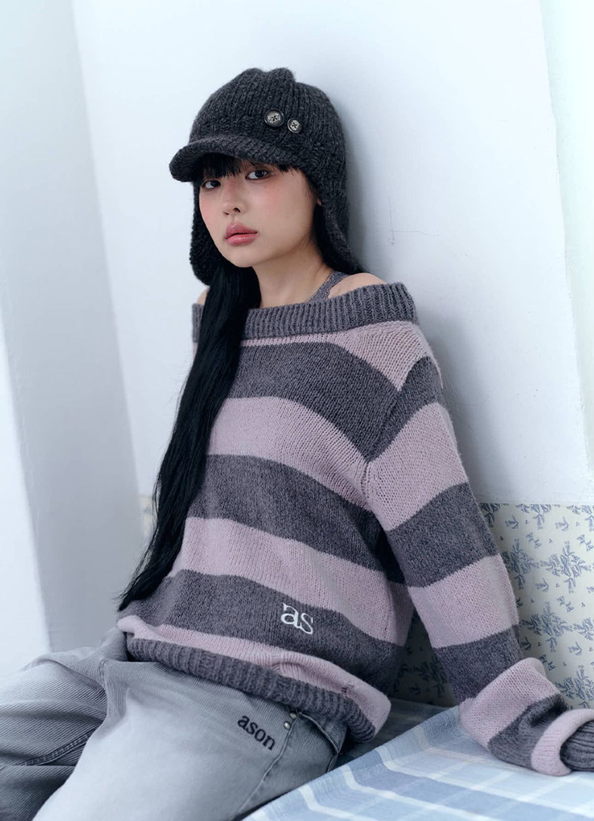 애즈온(ASON) SORI OFF STRIPE KNIT / PINK