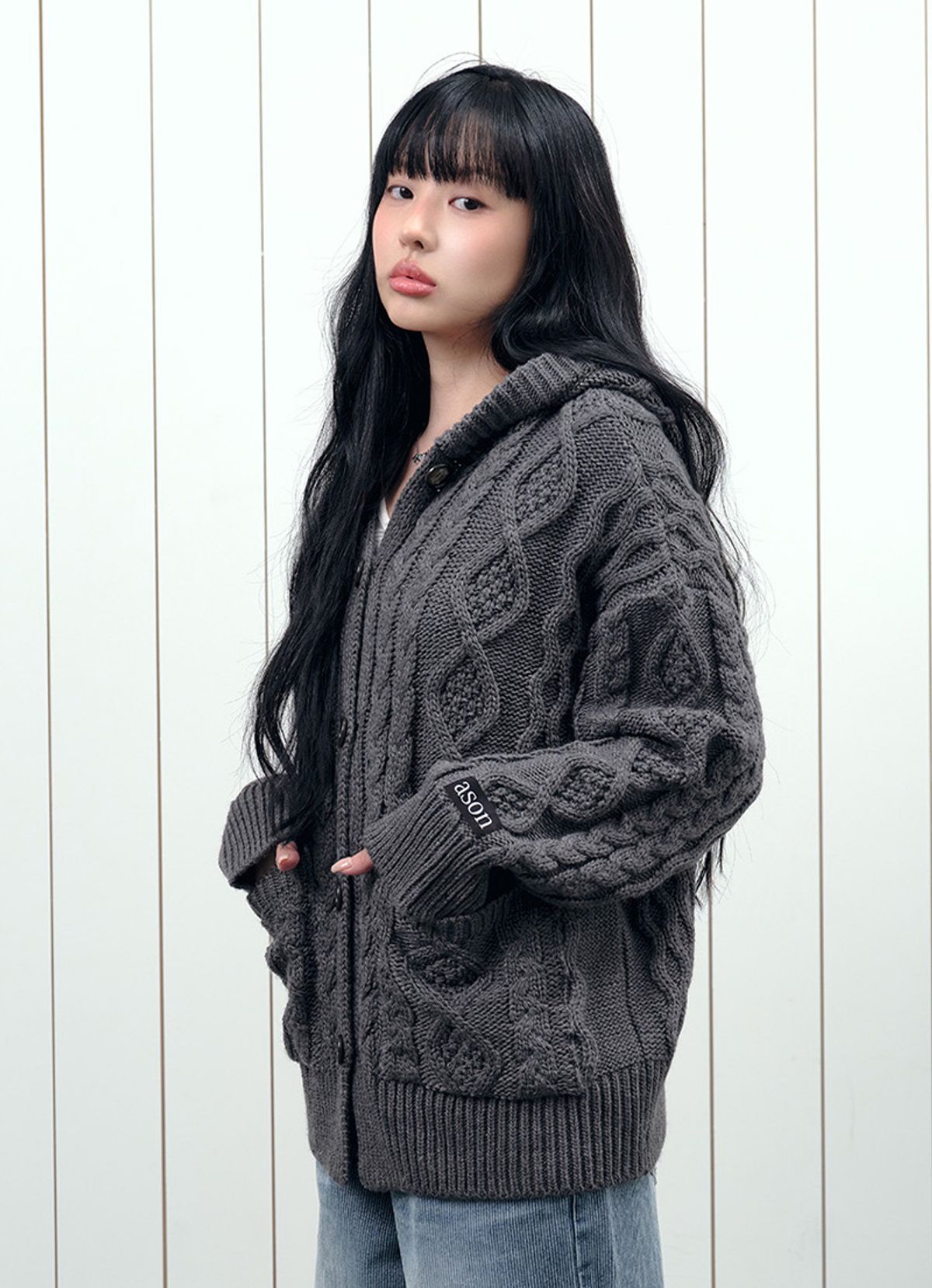 애즈온(ASON) ELO TWISTED HOOD CARDIGAN / CHARCOAL