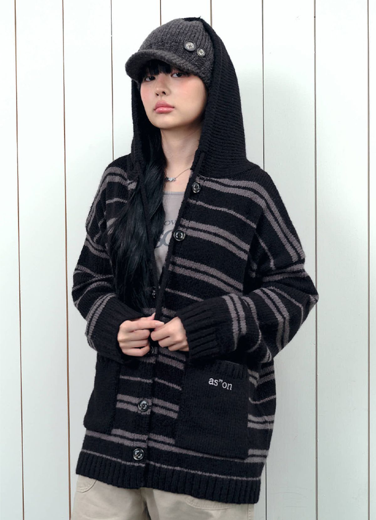 애즈온(ASON) BERA STRIPE HOOD CARDIGAN / BLACK