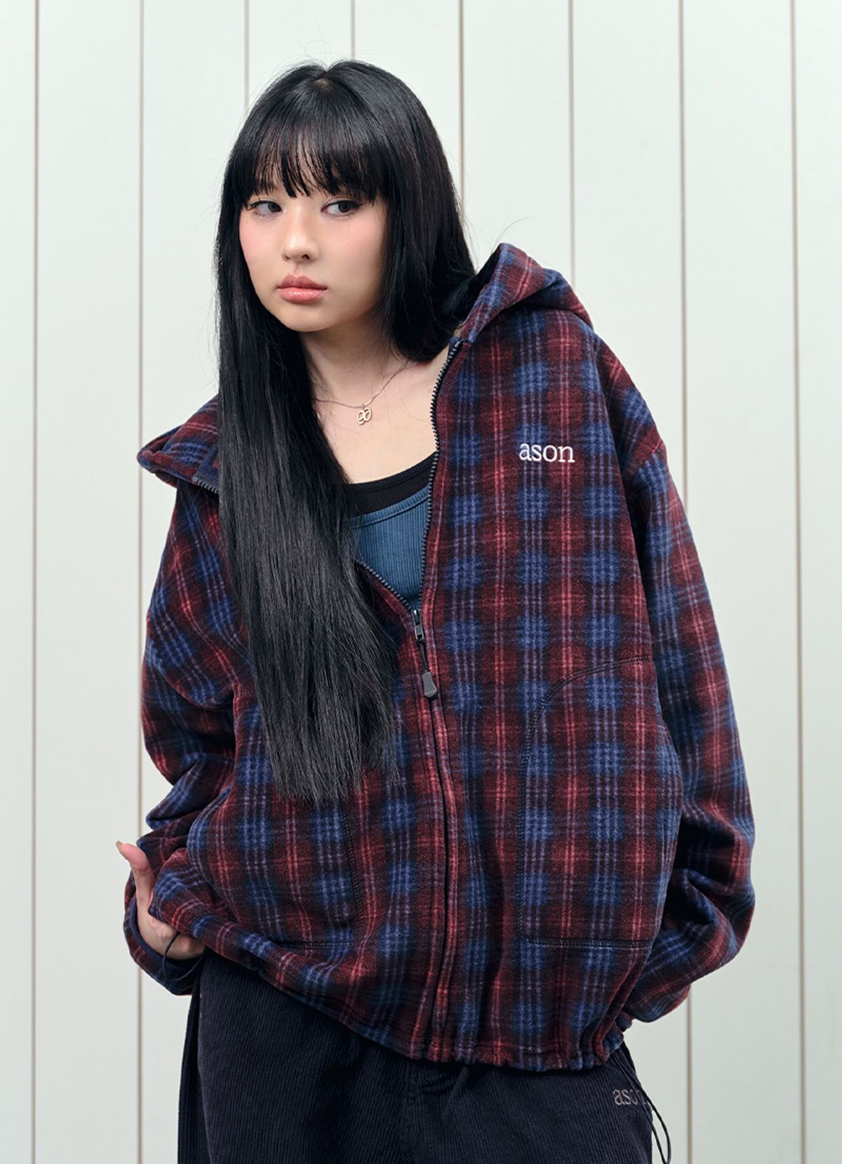 애즈온(ASON) CHECK FLEECE HOOD ZIP-UP