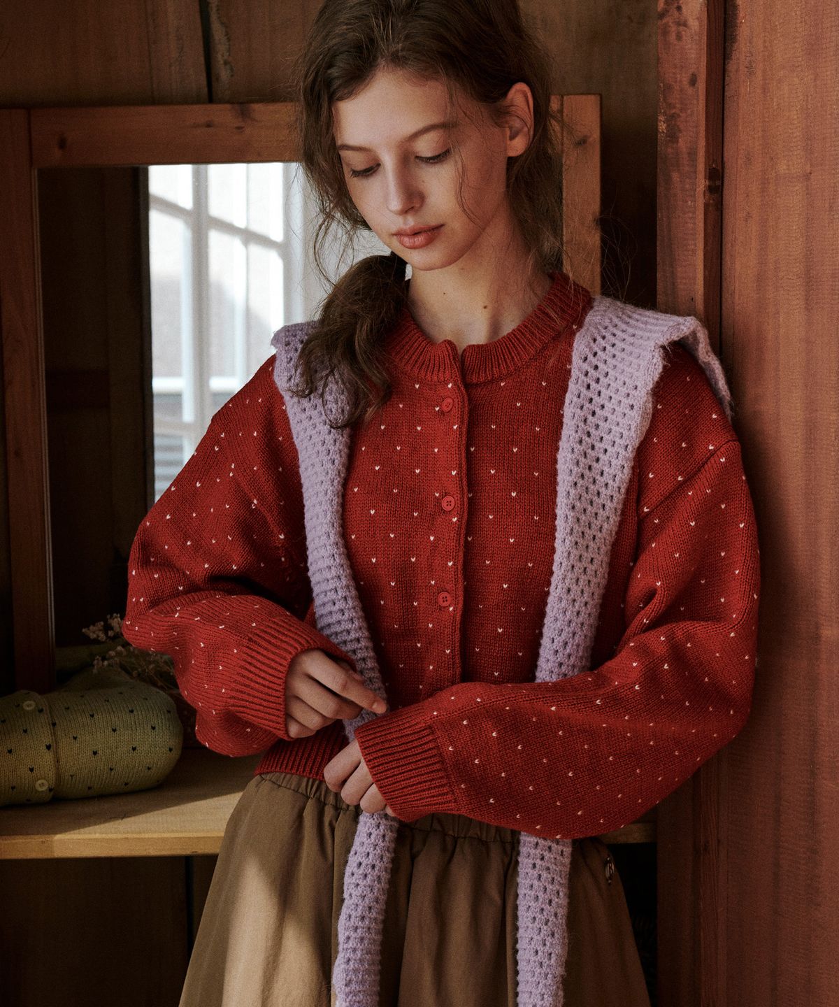 벨로엘(BELLOL) Heart point crop cardigan RED