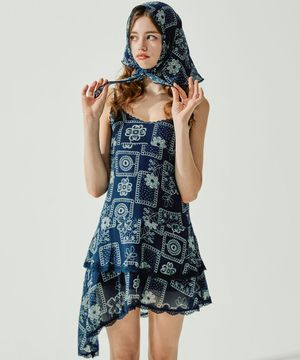 누르 레이스 쉬폰 언발란스 미니 원피스 & 스카프 Set