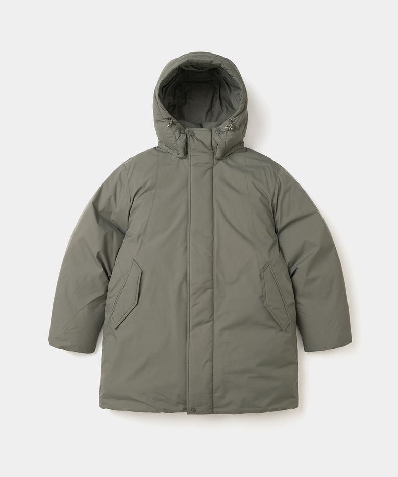 minimal hooded goose down parka khaki grey