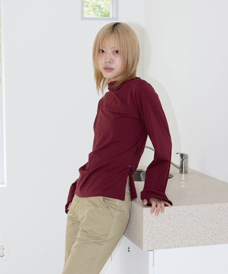 스티치 드레이프 저지 롱 슬리브 인 와인
