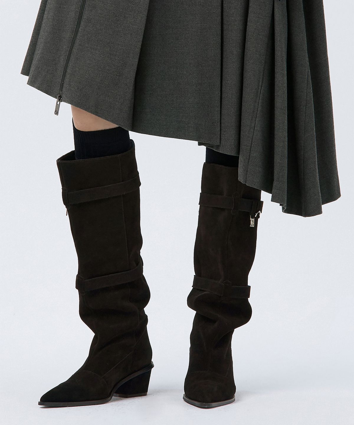 트리밍버드(TREEMINGBIRD) Suede Slouch Belted Long Boots [ Brown ]