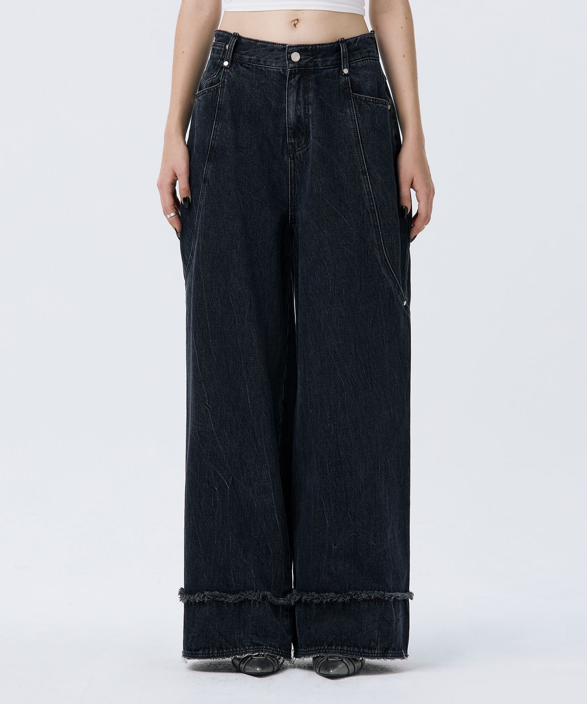 트리밍버드(TREEMINGBIRD) Turn-up Wide Denim Pants [ Navy ]