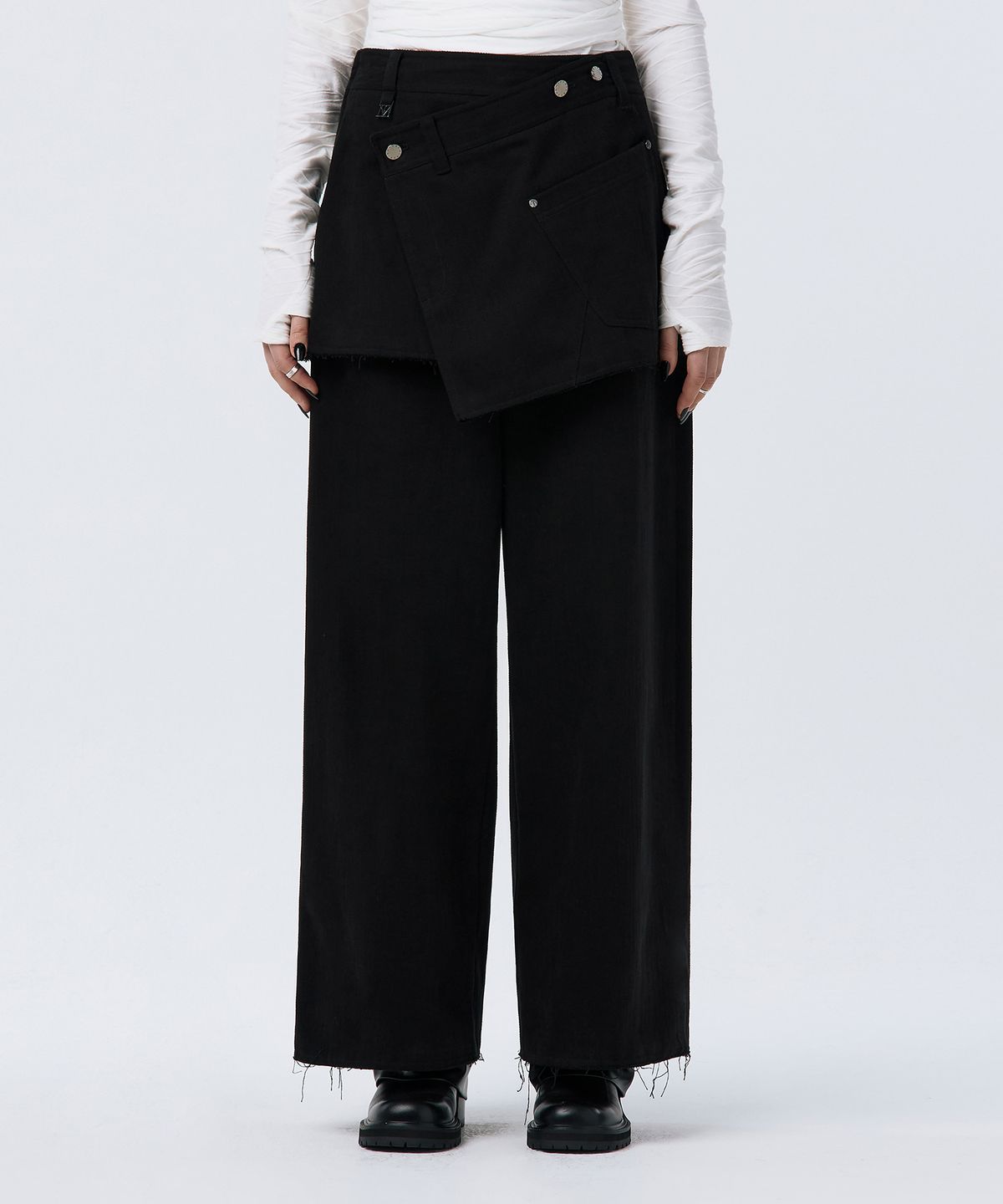 트리밍버드(TREEMINGBIRD) Wrap Skirt Overlay Pants [ Charcoal ]