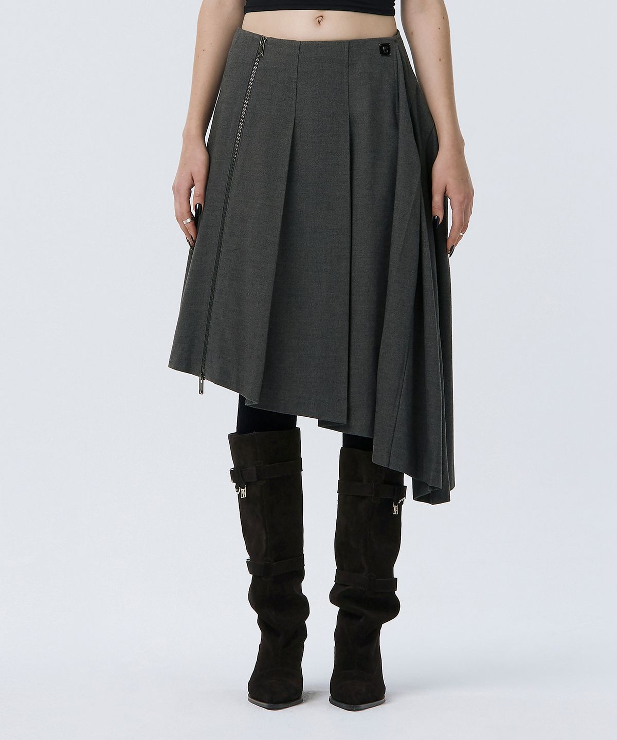 트리밍버드(TREEMINGBIRD) Pleated Asymmetric Skirt [ Gray ]