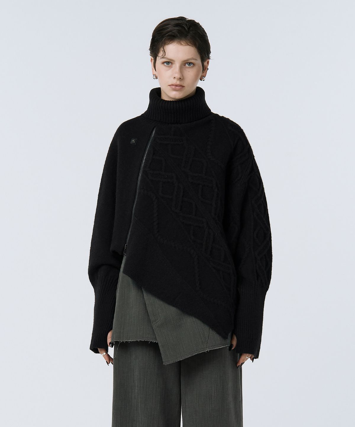 트리밍버드(TREEMINGBIRD) Argyle Cable Zip-up Pullover [ Black ]