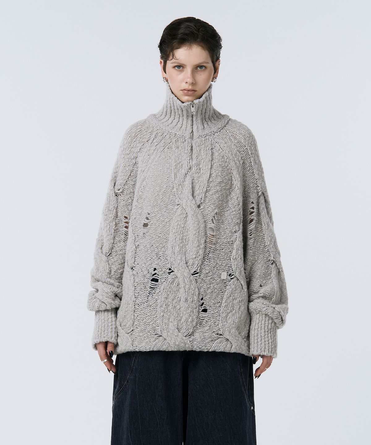 트리밍버드(TREEMINGBIRD) Cable Knit Anorak Pullover [ Light Gray ]