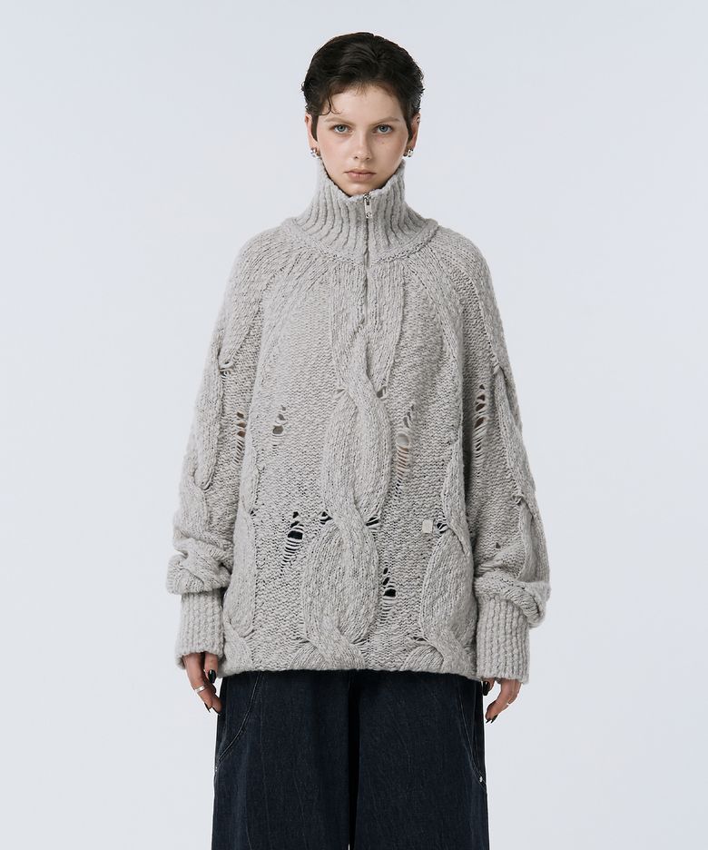 Cable Knit Anorak Pullover [ Light Gray ]
