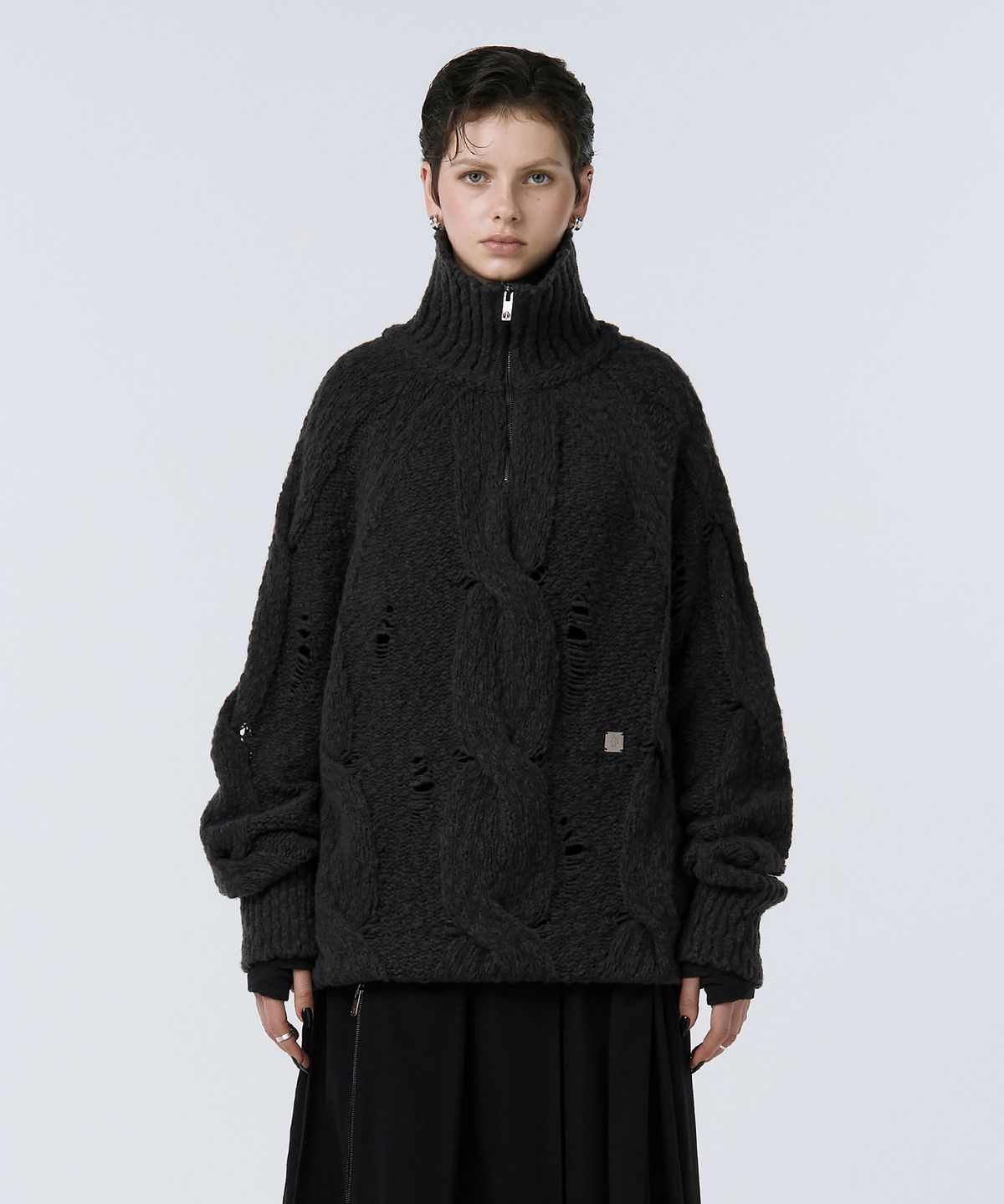 트리밍버드(TREEMINGBIRD) Cable Knit Anorak Pullover [ Charcoal ]