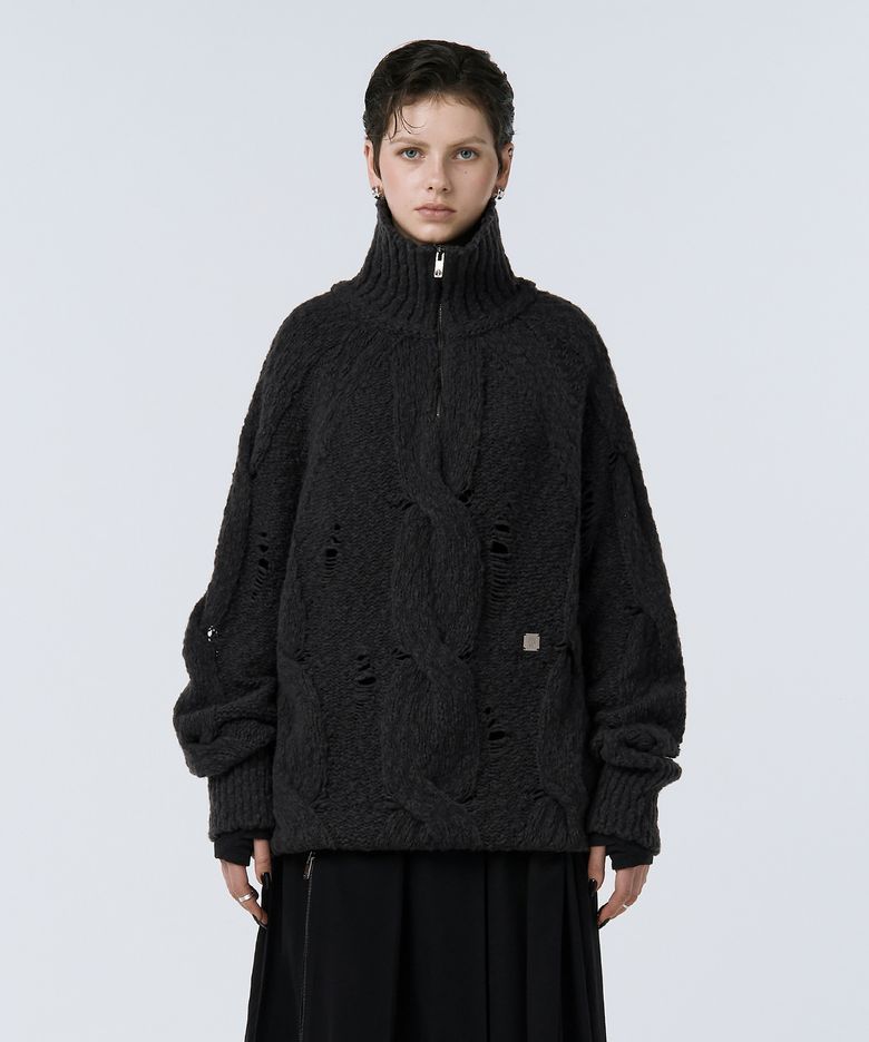 Cable Knit Anorak Pullover [ Charcoal ]