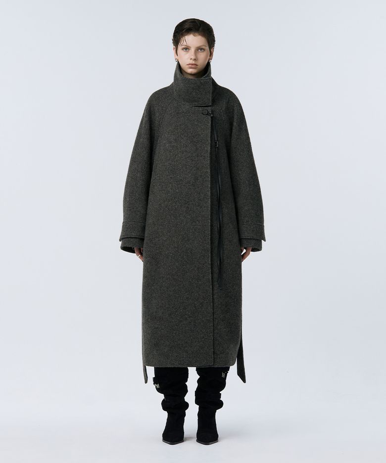 High Neck Strap Raglan Coat [ Khaki Gray ]