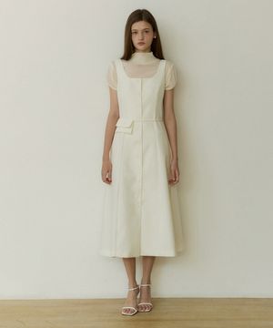 Solid tweed line belt back set long dress - ivory