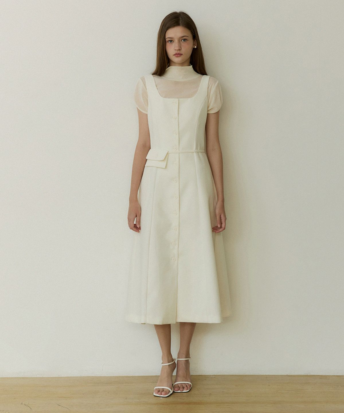 어다울(ADAUL) Solid tweed line belt back set long dress - ivory