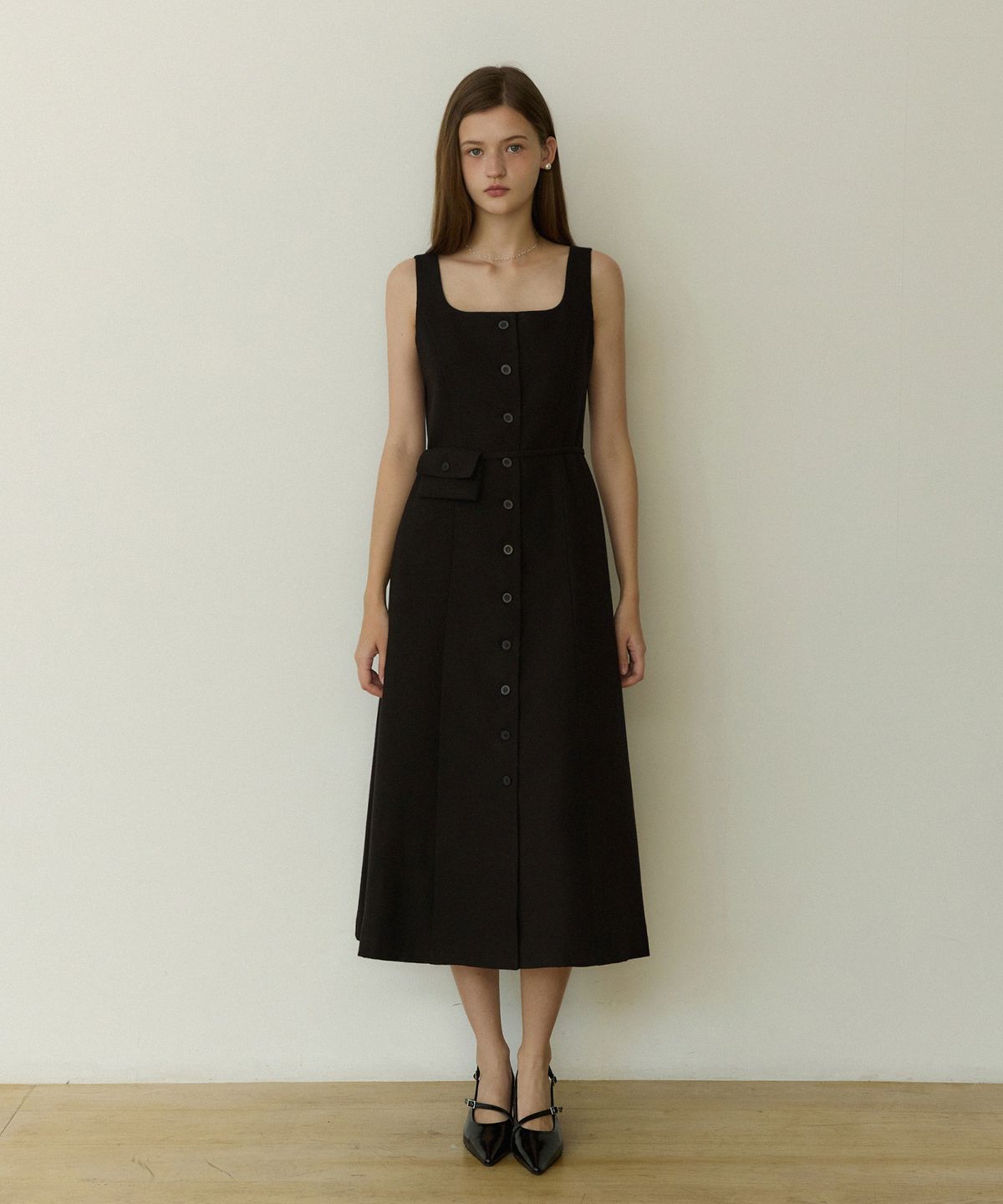 어다울(ADAUL) Solid tweed line belt back set long dress - black