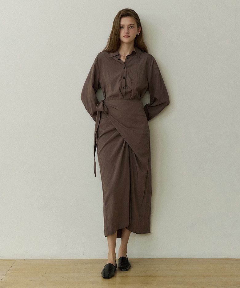 Modern shirts collar lap long dress - moca