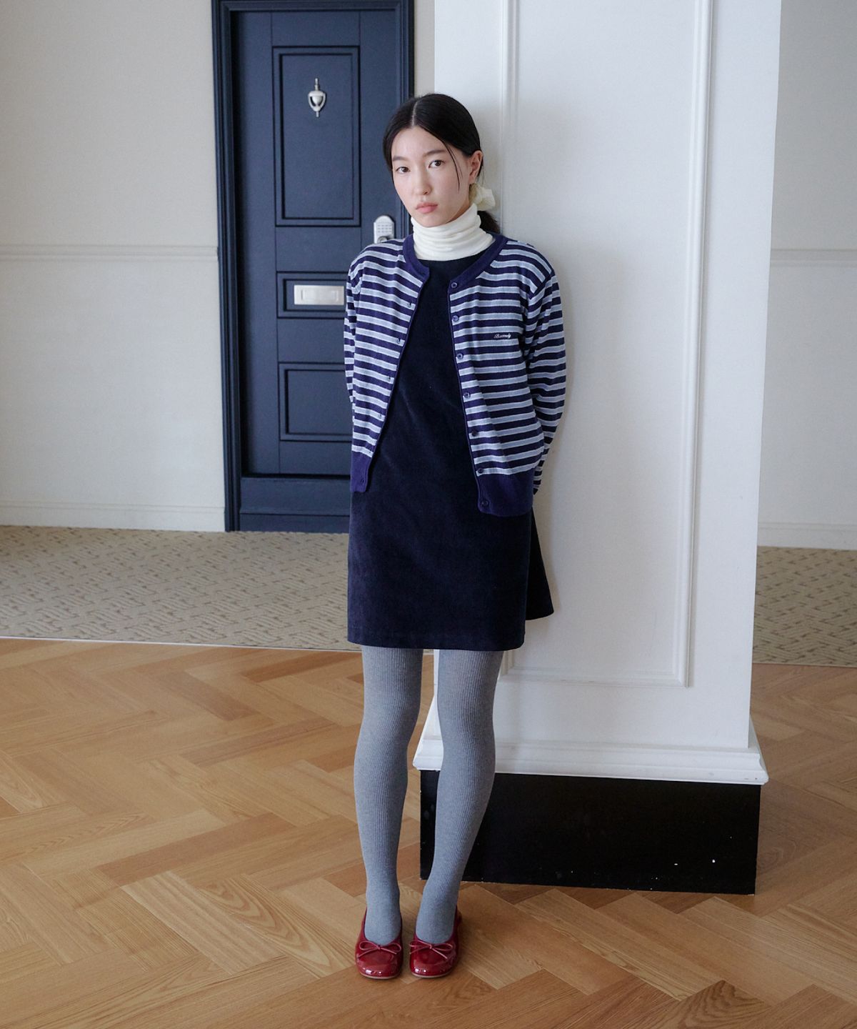 비코멜리(BCOMELY) 오라 코듀로이 미니 드레스_네이비