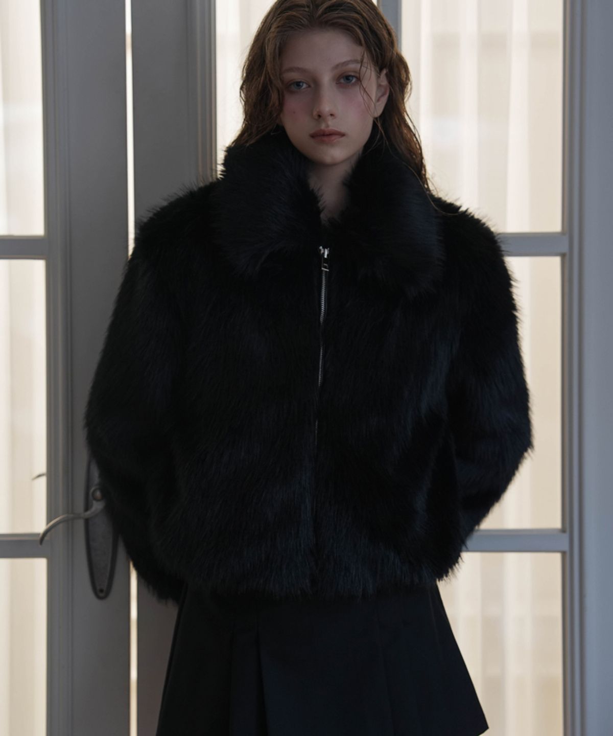 드헤베(DEHEVE) Collar Fur Jacket [Black]