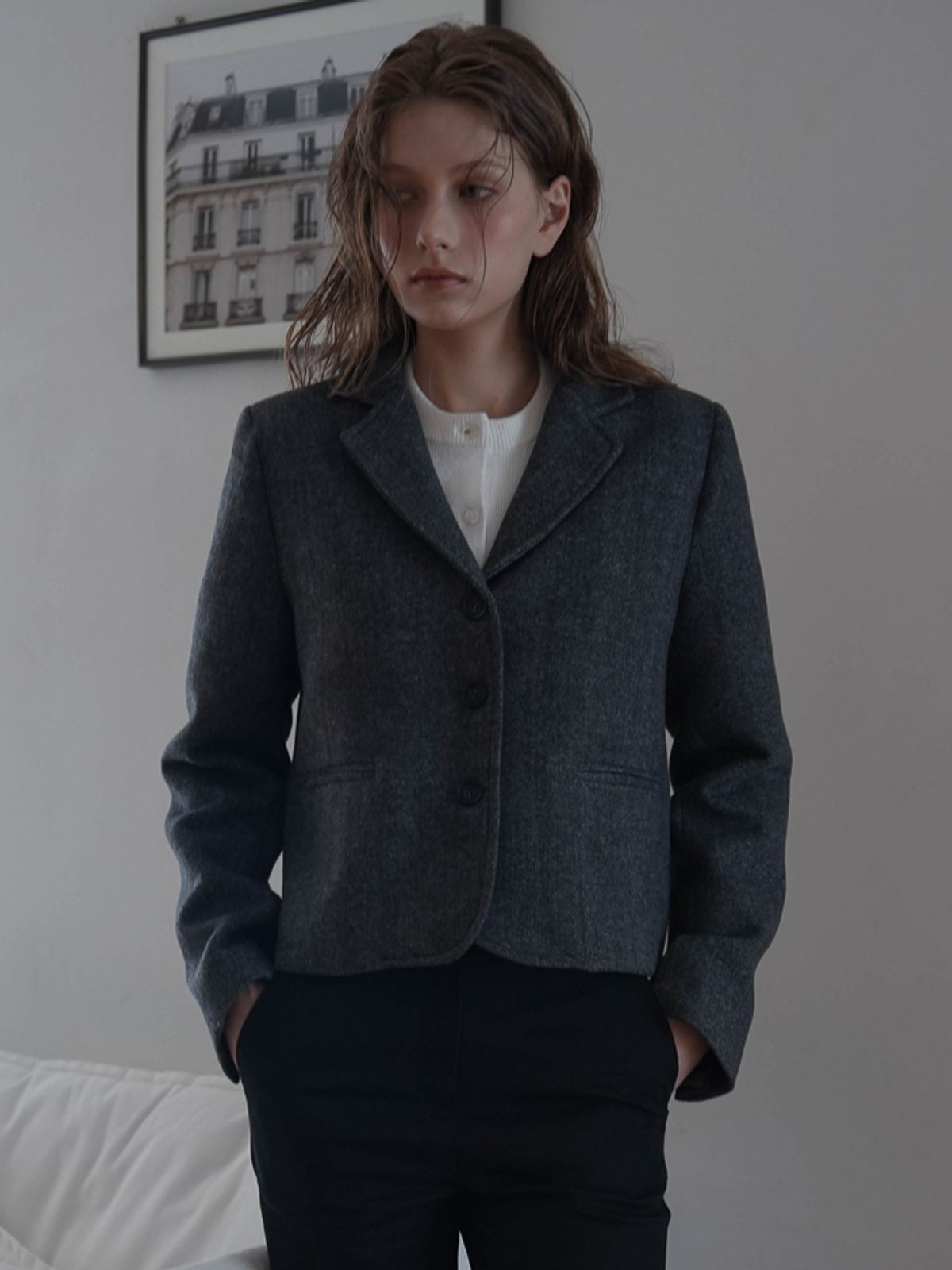 드헤베(DEHEVE) Crop button Jacket [Charcoal]