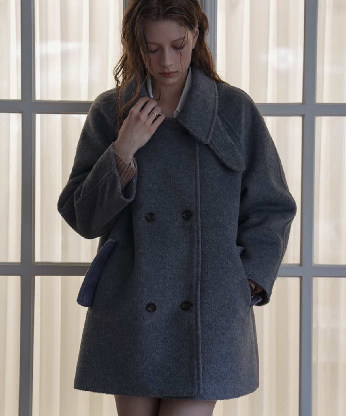 드헤베(DEHEVE) Wool Double Half Coat [Gray]