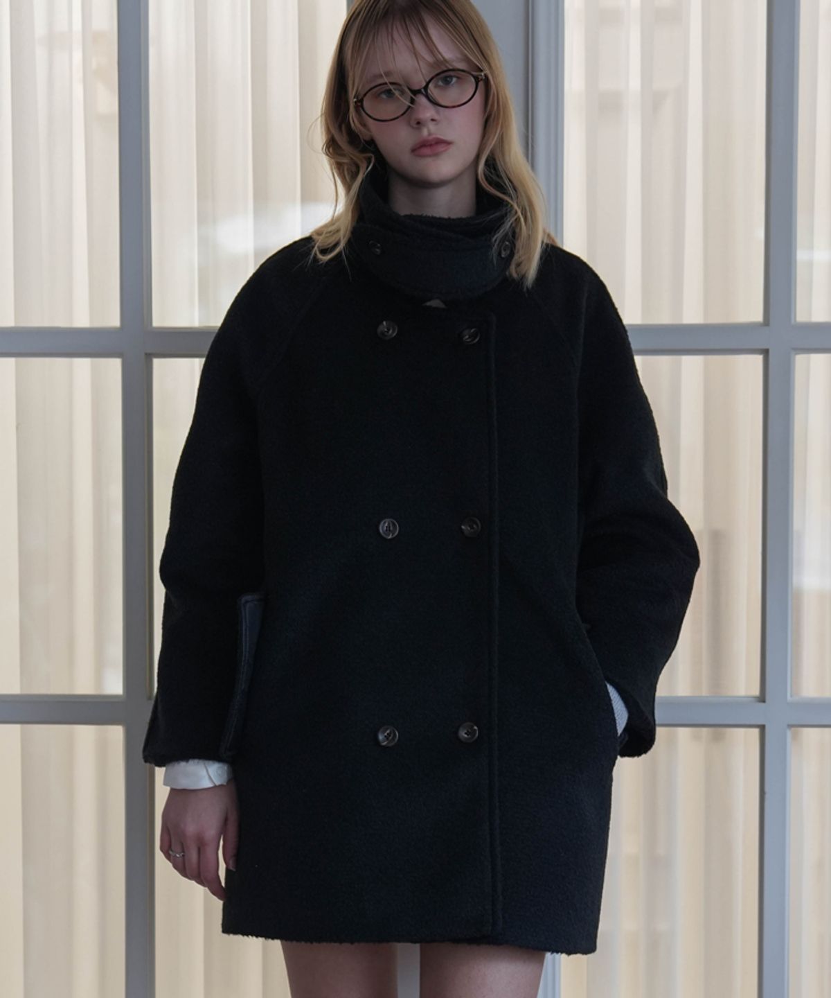 드헤베(DEHEVE) Wool Double Half Coat [Black]
