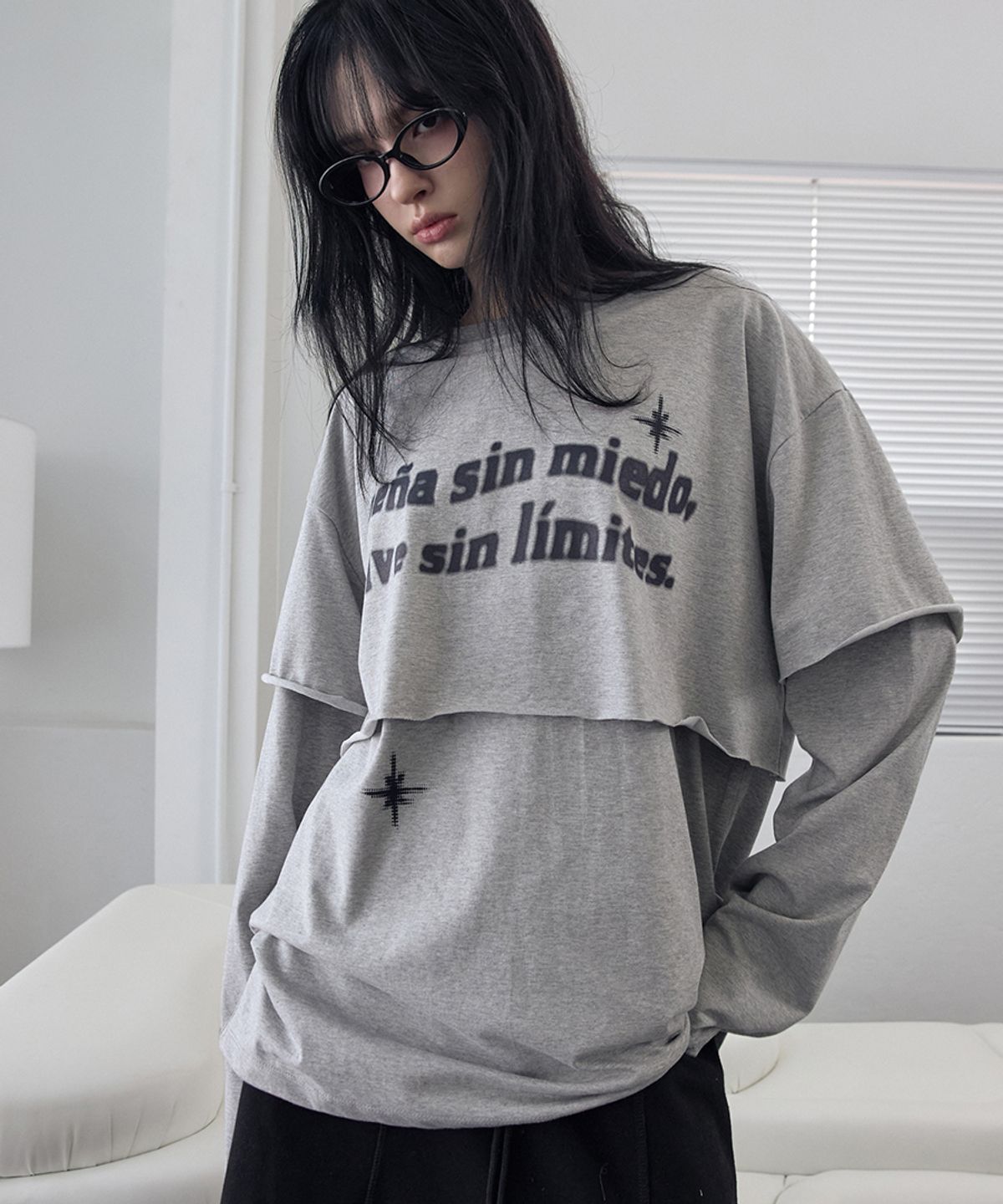 렌세(RENSE) Raw Cut Layered Long Sleeve Tee Melange Gray