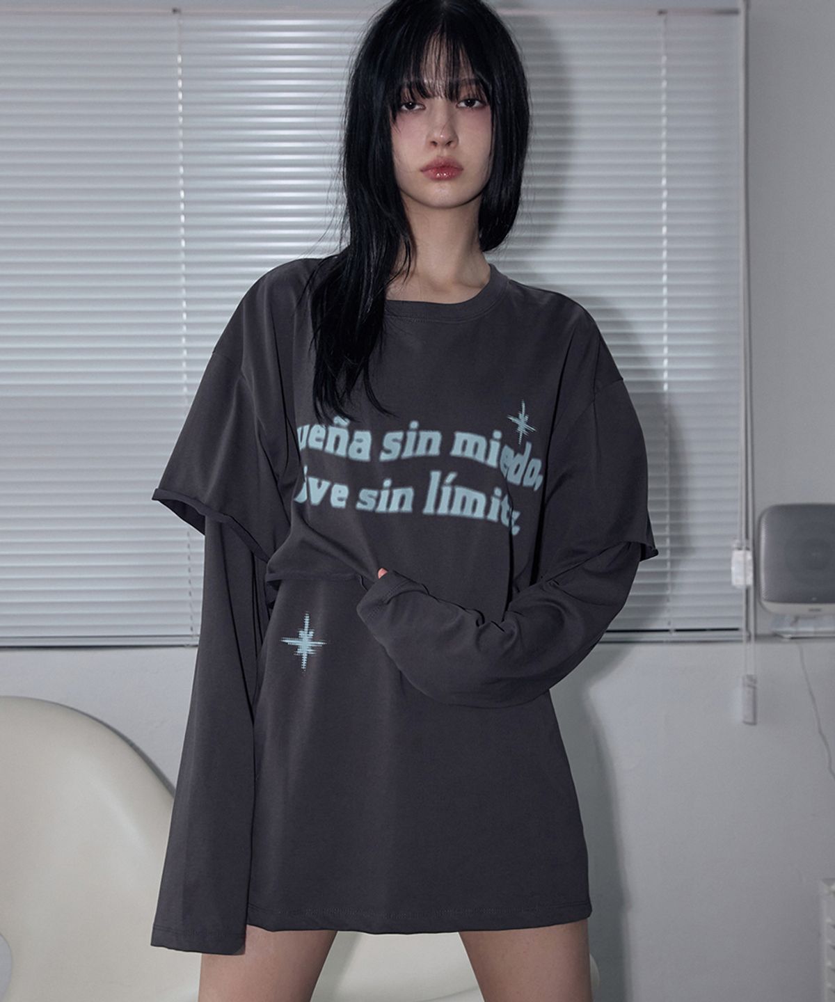 렌세(RENSE) Raw Cut Layered Long Sleeve Tee Charcoal