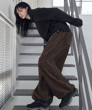 Leopard Fleece Wide Pants Brown