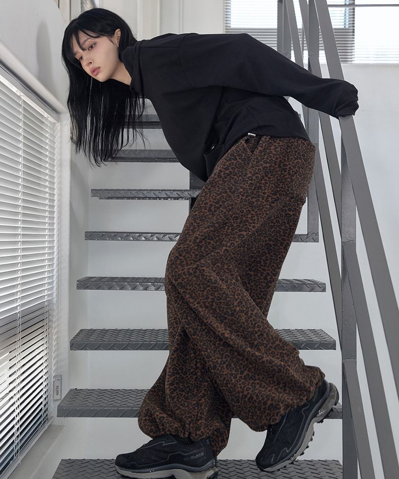 Leopard Fleece Wide Pants Brown
