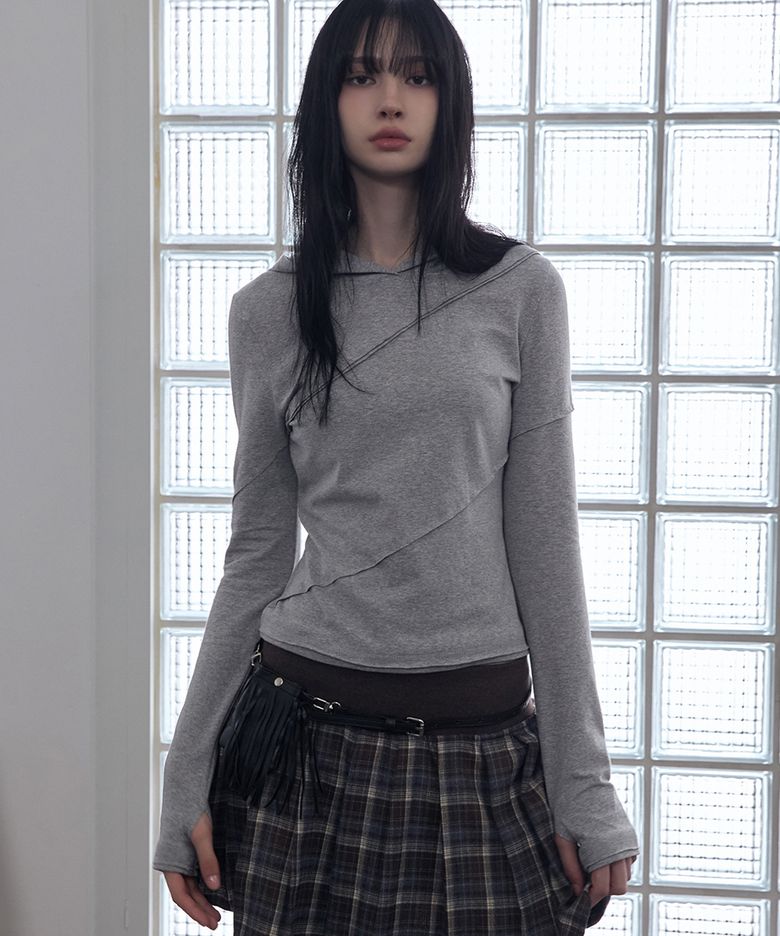 Diagonal Cut Slim Fit Hoodie Melange Gray