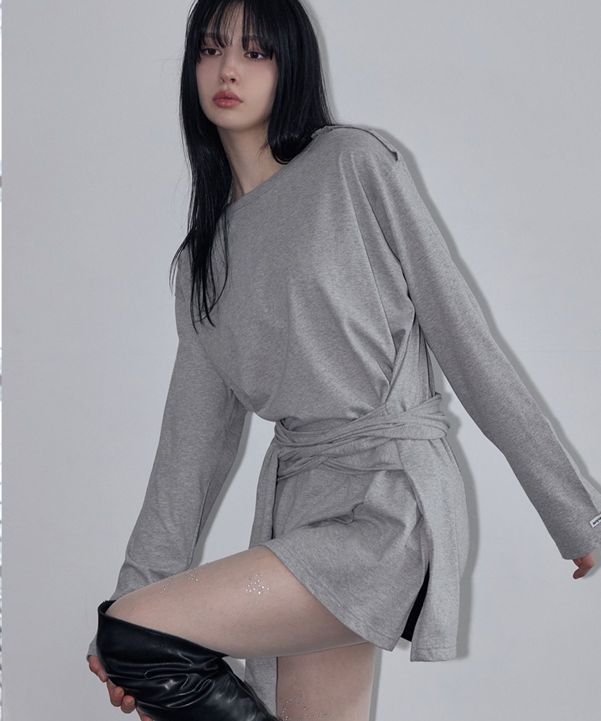 렌세(RENSE) Wrap-Tie Long Sleeve Tee Melange Gray