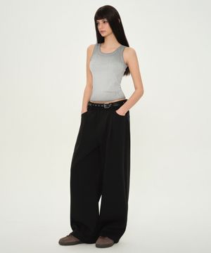 우먼즈 더블 니트 데님 디테일 와이드 스웨트 팬츠 [블랙]