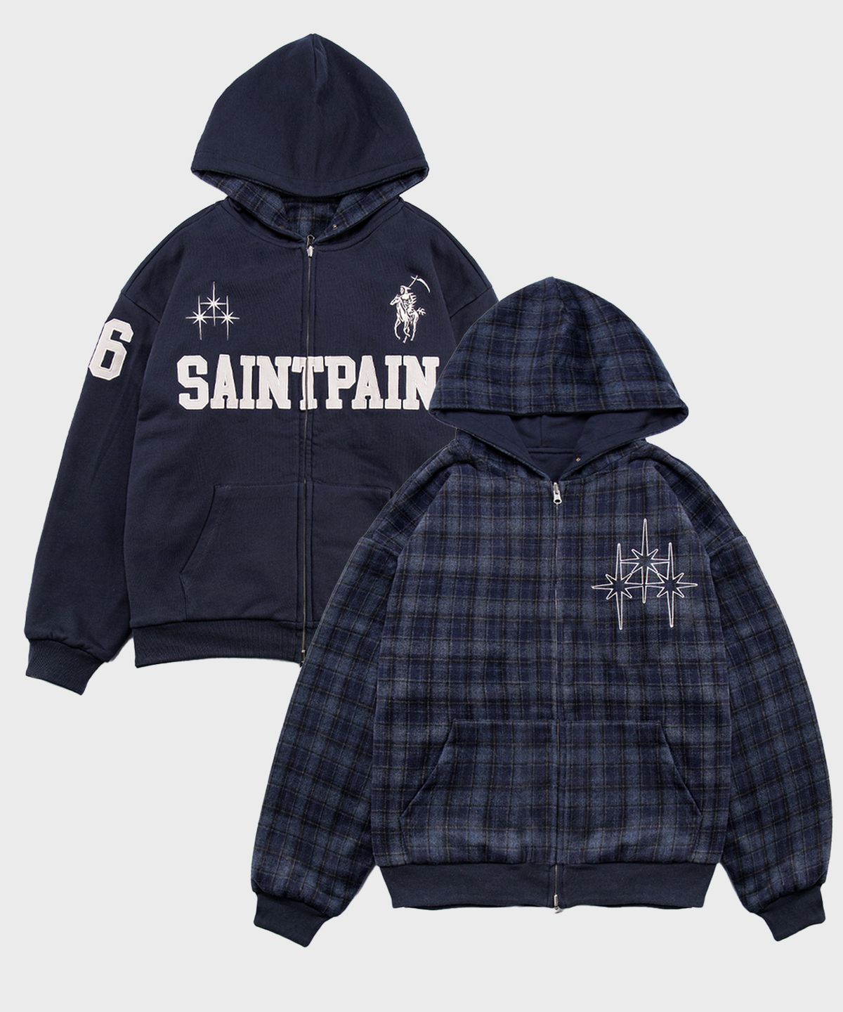 세인트페인(SAINTPAIN) SP 체크 리버시블 후드집업 네이비