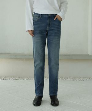 융기모 허리스판 스트레이트핏 스크래치 데님 팬츠