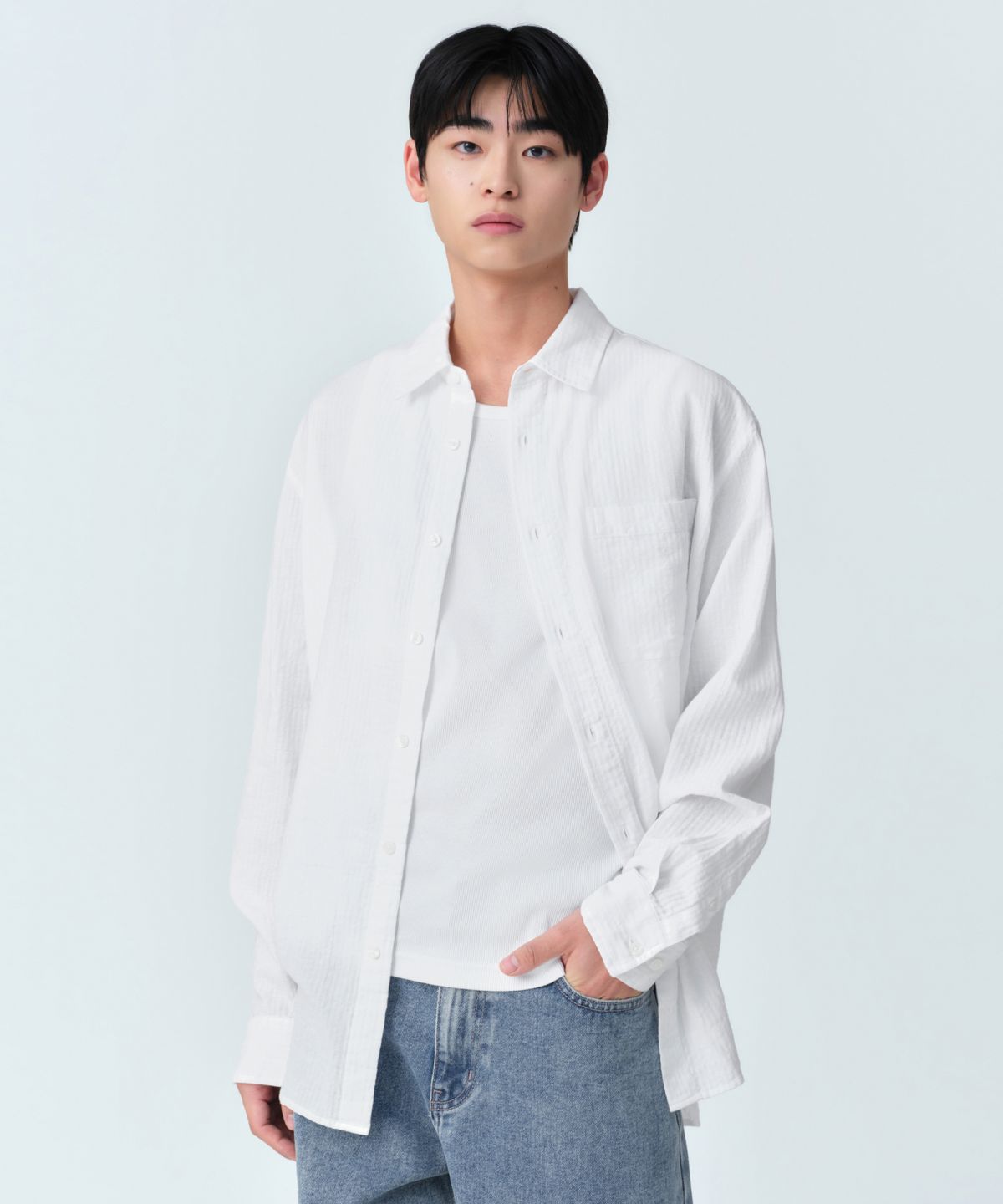 무신사 스탠다드(MUSINSA STANDARD) 릴렉스드 크링클 헤링본 셔츠 [화이트]