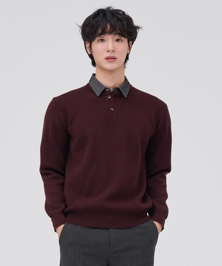 남성 셔츠 레이어드 스웨터-버건디