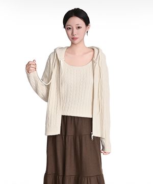 케이블 조끼 후드집업 가디건 2pcs세트_아이보리