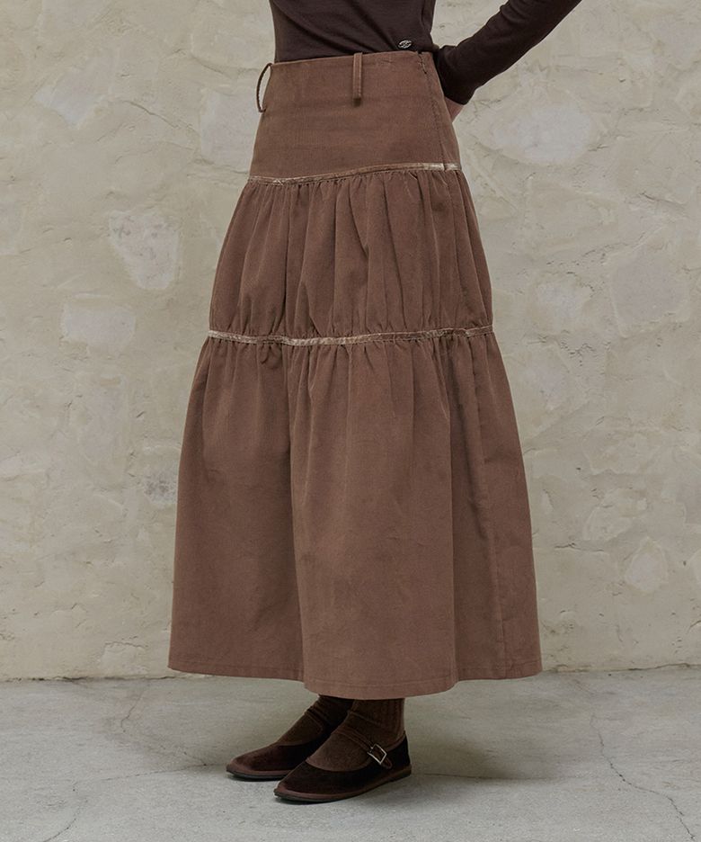 코듀로이 셔링 롱스커트 Brown