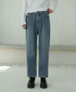 융기모 뒷밴딩 테이퍼드핏 세미 와이드 데님 팬츠