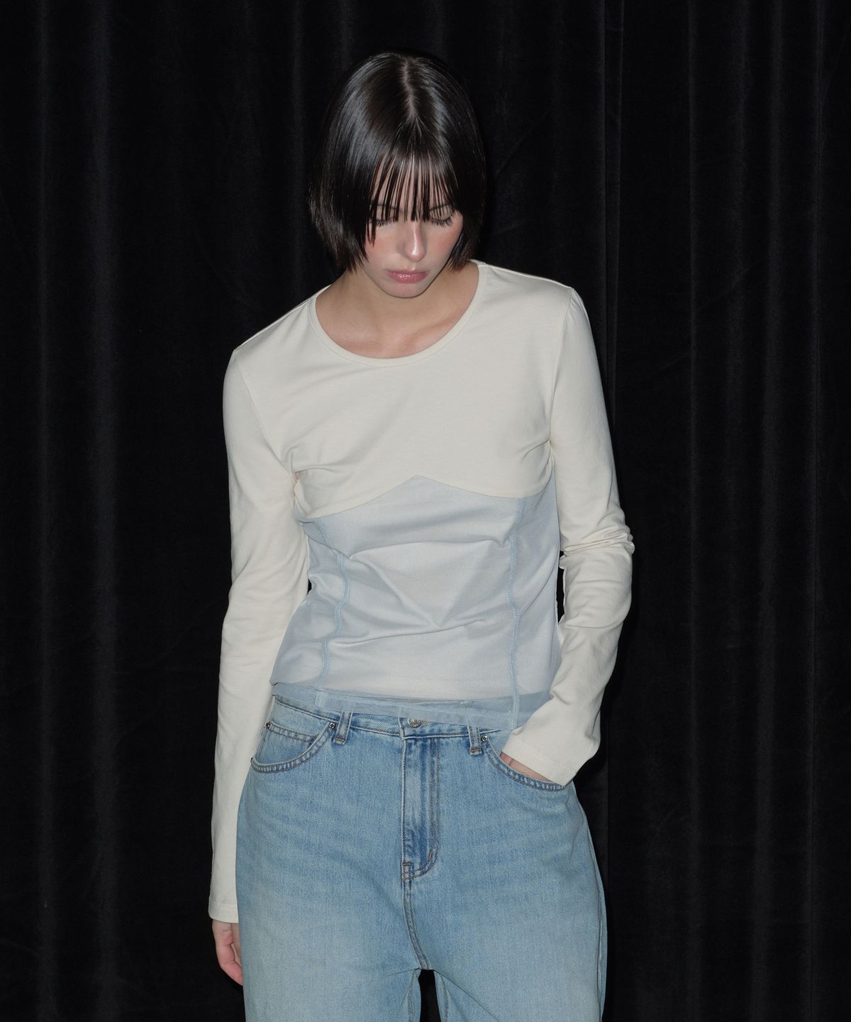 마가린핑거스(MARGARIN FINGERS) MESH LAYERED T-SHIRT (CREAM)