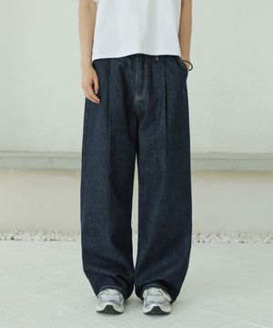기모 다크블루 핀턱 벌룬 와이드 데님 팬츠