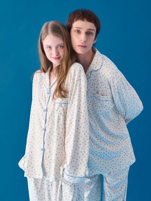 [2PACK] 블루플로랄 피치기모 커플잠옷 긴팔 파자마 상하의 세트