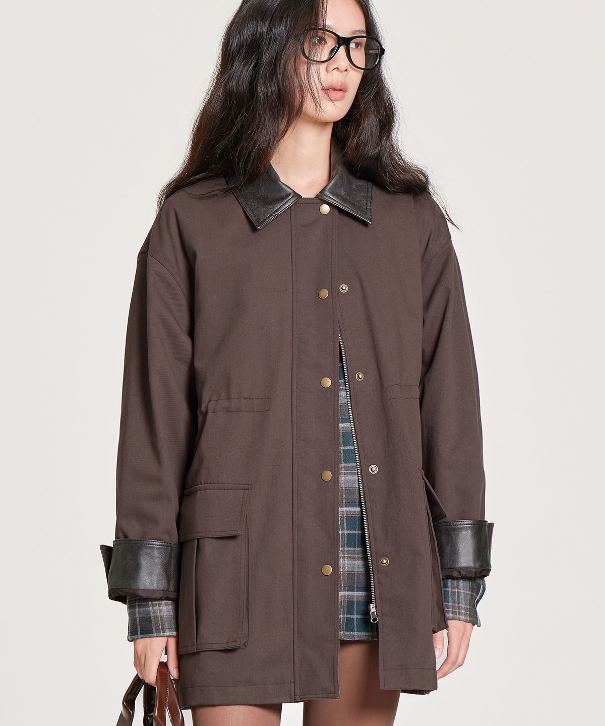 런던다다(LONDONDADA) LEATHER COLLAR OXFORD WORK JACKET, BROWN