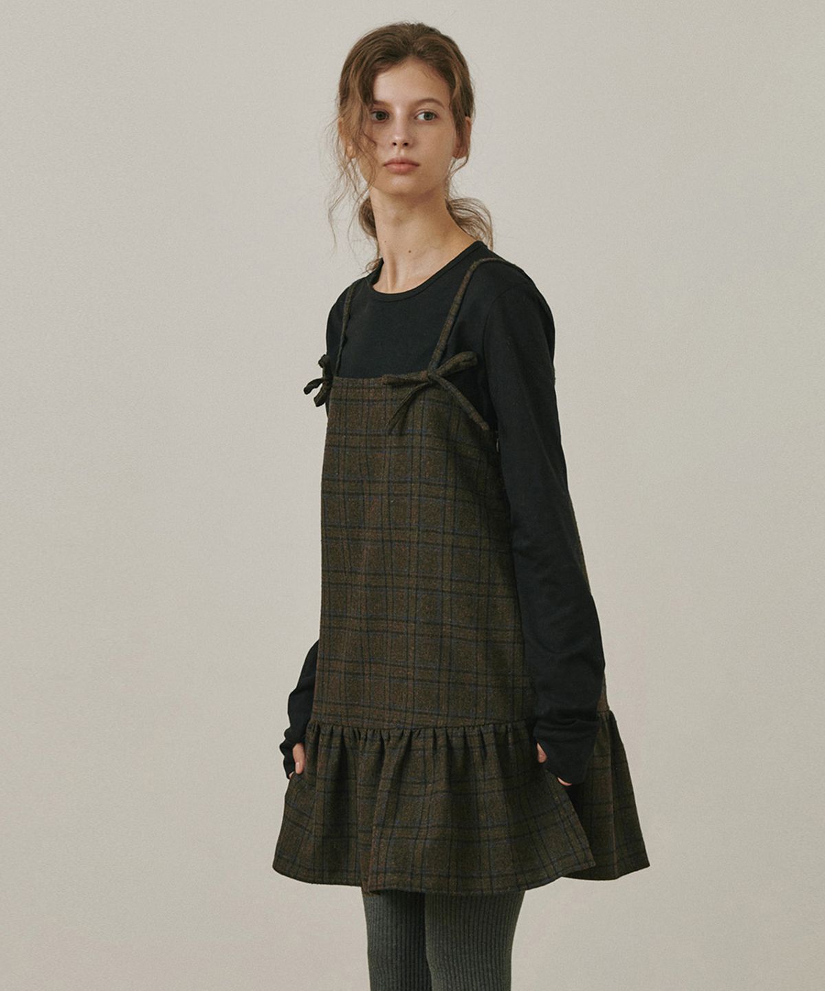 벨로엘(BELLOL) Flare ribbon check dress BROWN