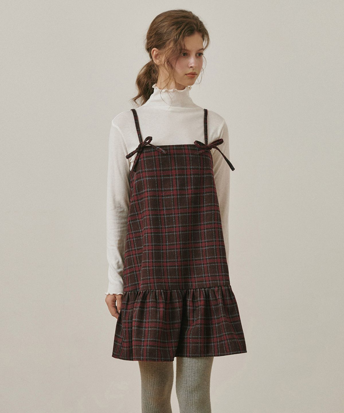 벨로엘(BELLOL) Flare ribbon check dress WINE