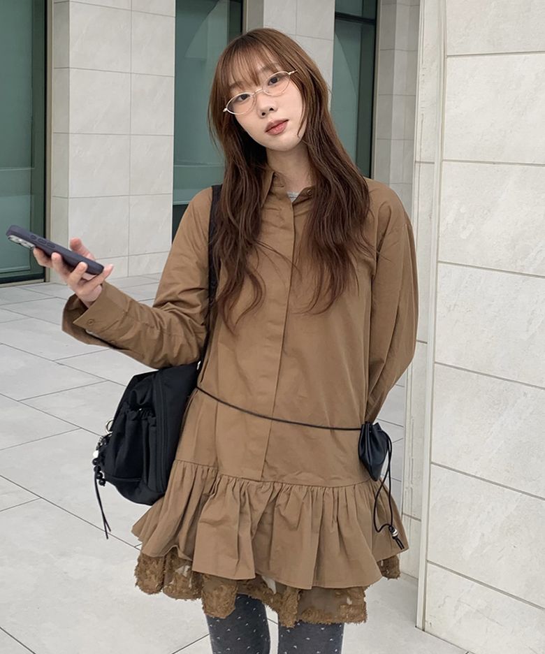 Ruffle layered shirt dress BROWN
