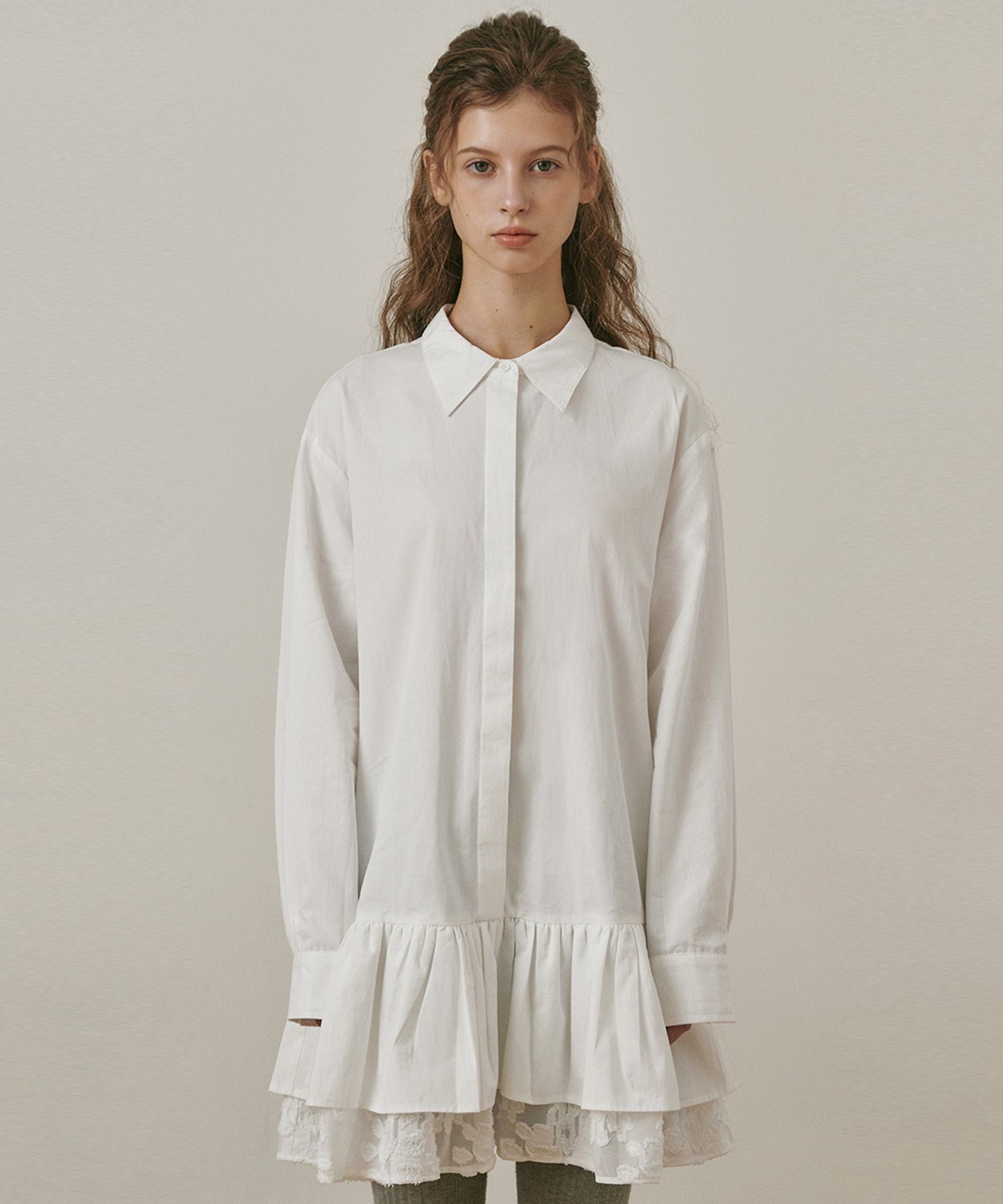 BELLOL - Ruffle Layered Shirt Dress Ivory