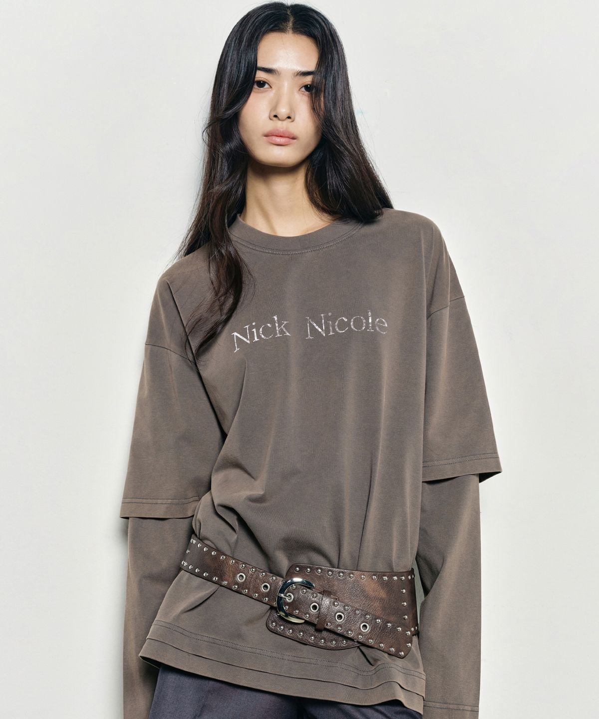 닉앤니콜(NICK&NICOLE) NICOLE DESTROYED LAYERED LONG SLEEVE TOP_CHARCOAL